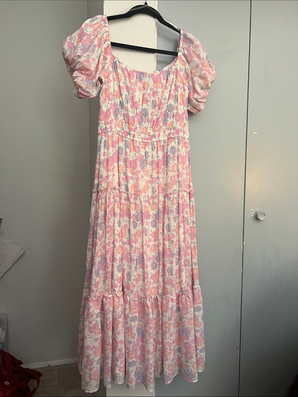 Trixxi Pastel Floral Puff-Sleeve Maxi Dress in Pink & Lavender